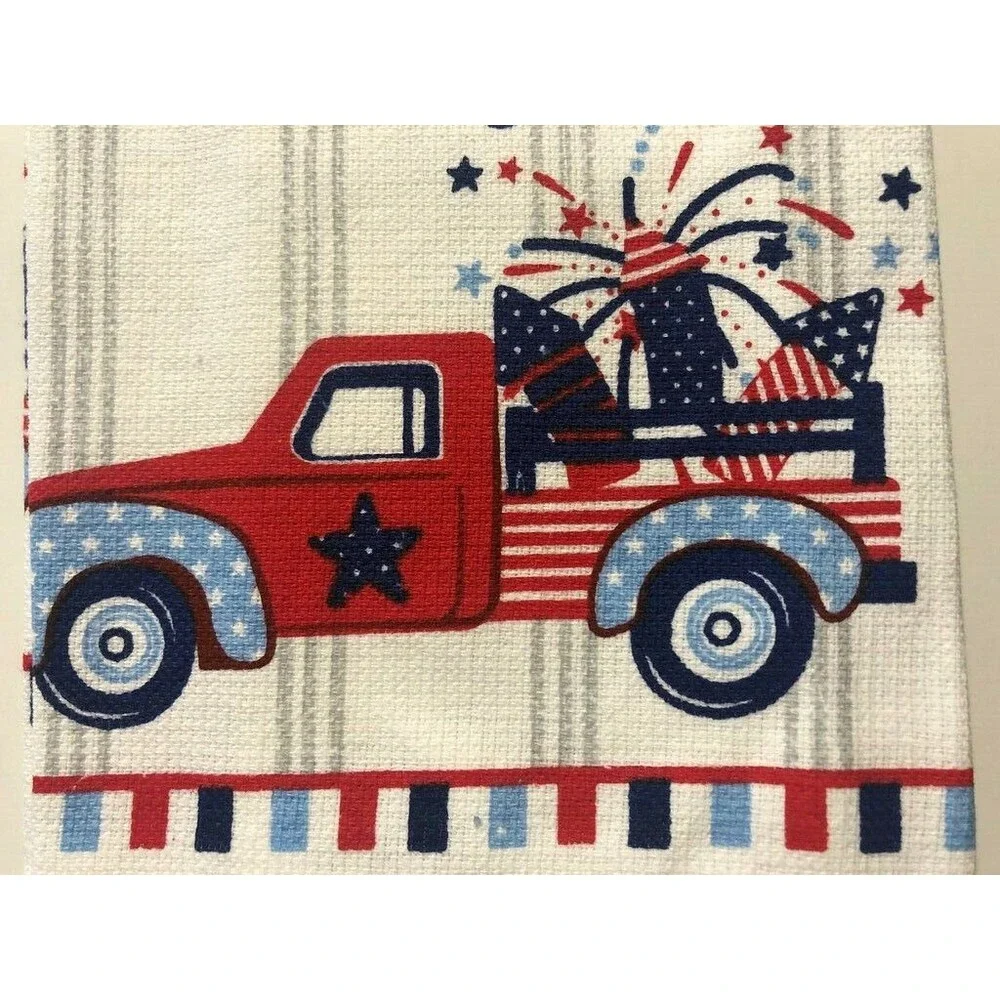July 4th Kitchen Dish Towels Set of 2 Let Freedom Ring Red Farm Truck Fireworks